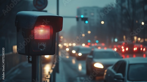 A traffic light in a city at night, with vehicles and a snowy atmosphere. photo