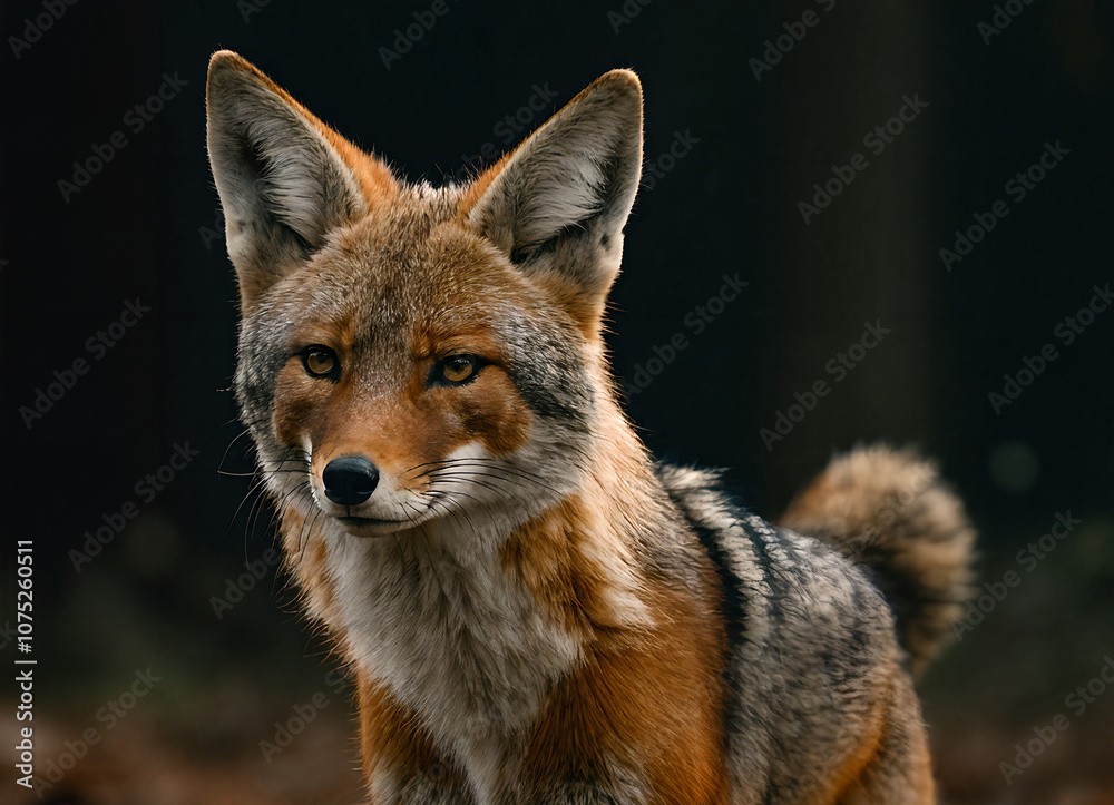 Fototapeta premium Capturing the Enigmatic: A Cinematic Portrait of a Sly Coyote in Nervous Anticipation Under Golden Hour Light with Intricate Details and Hyperrealism Trending on CG Society.