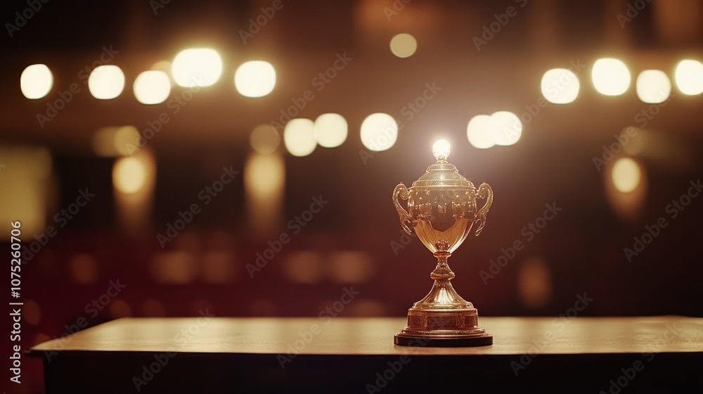 A golden trophy glimmers under soft lights, standing proudly at the center of a stage, symbolizing victory and achievement amidst an elegant ambiance. A golden trophy glimmers under soft lights, standing proudly at the center of a stage, symbolizing victory and achievement amidst an elegant ambiance.