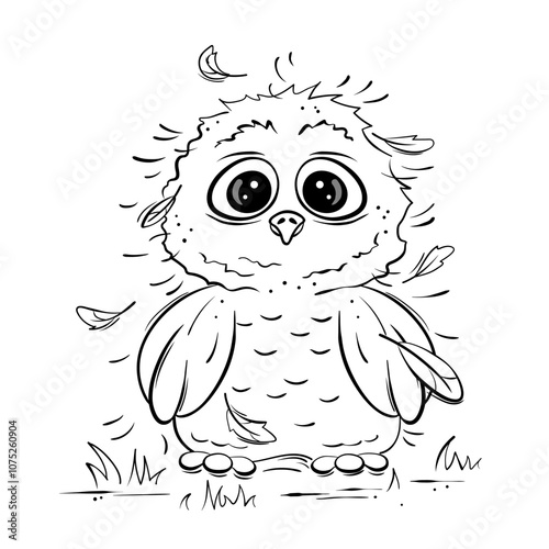 Cartoon monochrome illustration with isolated owl in vector graphics