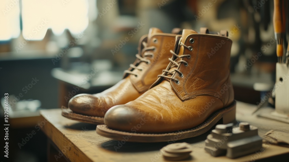 A pair of worn leather boots rests on a workbench, embodying durability and craftsmanship in a serene, artisanal space. A pair of worn leather boots rests on a workbench, embodying durability and craftsmanship in a serene, artisanal space.