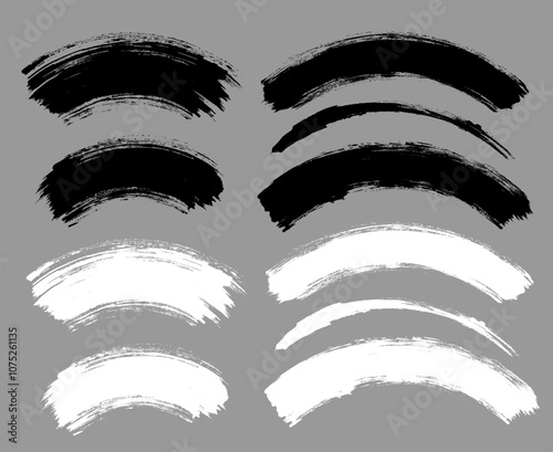 Brush stroke vector. Painted curves, arc lines, isolated. Grunge curvy backgrounds. Textured design elements. Black and white brush options