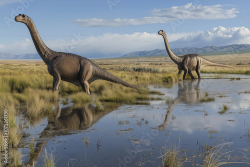 Deux dinosaures sauropodes herbivores du genre Apatosaurus. photo