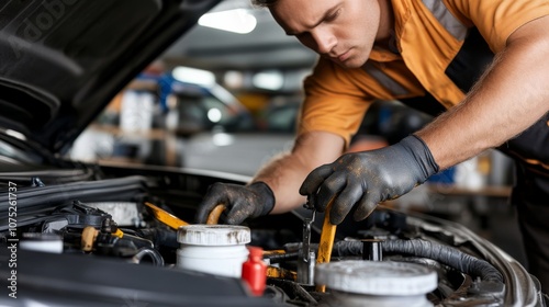 Mechanic in gloves attentively works on a car engine, embodying skill and focus in a vibrant, well-lit garage setting.