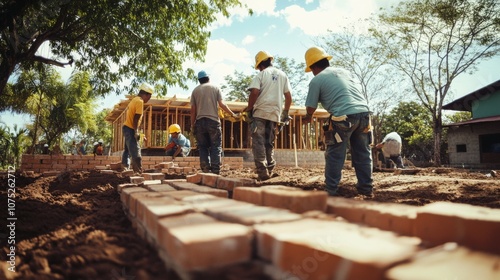 Workers in helmets lay bricks under a sunny sky, constructing the foundation of a new building amidst lush surroundings.