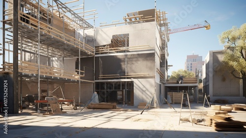 A photo of a construction site with a focus on exterior building