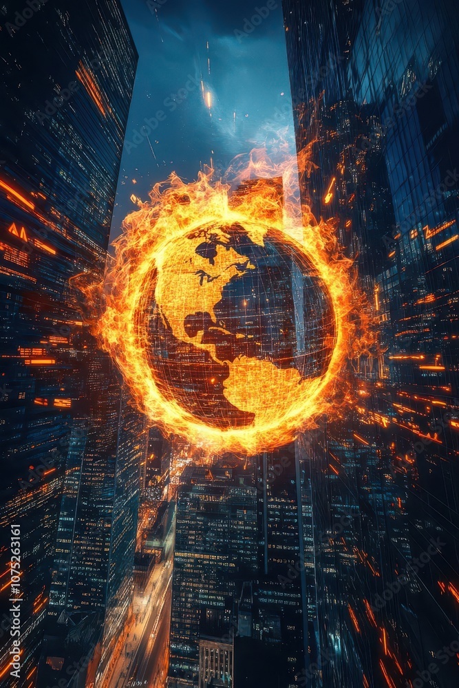A blazing flame shaped like a globe with business skyscrapers and digital symbols in the background