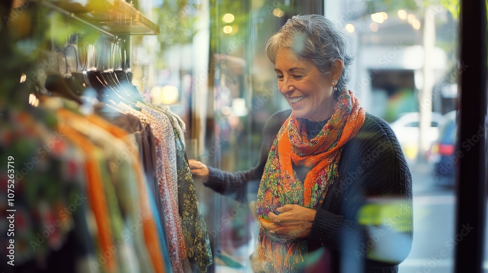 Obraz premium A joyful woman in a cozy scarf admires vibrant clothes in a boutique window, savoring a leisurely shopping day.