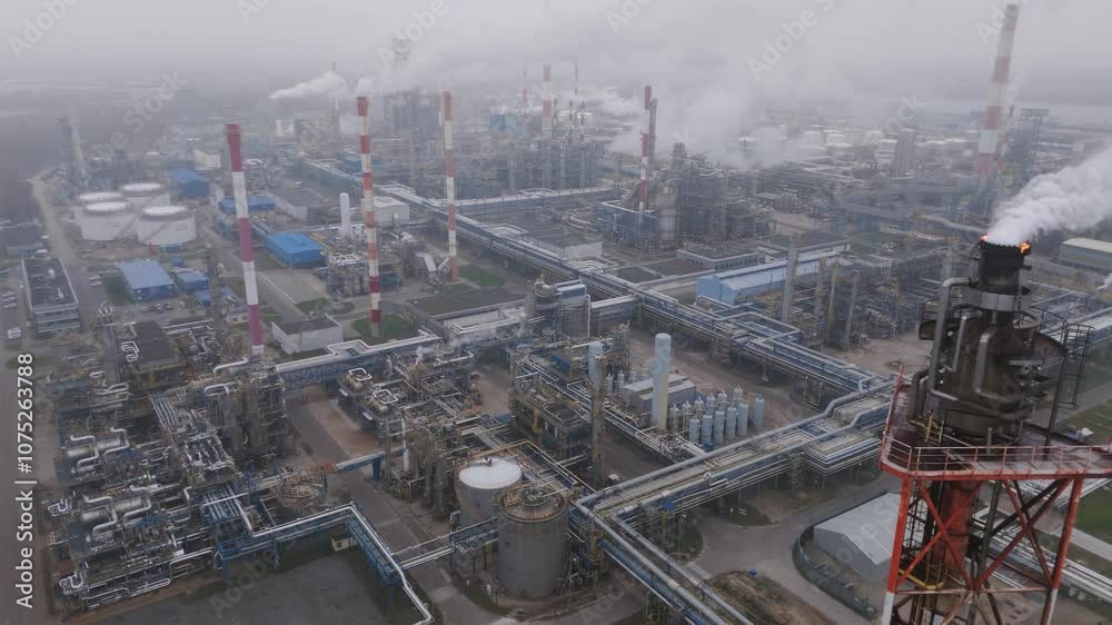 Aerial View of Oil Refinery Emitting CO2 on Foggy Day Aerial View of Oil Refinery Emitting CO2 on Foggy Day