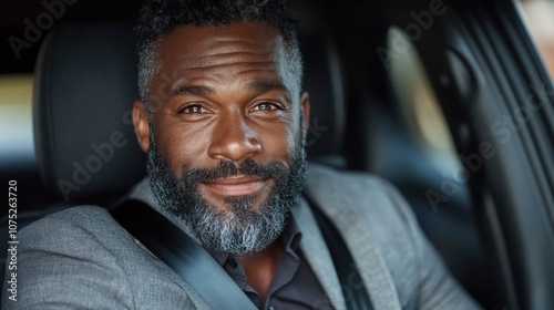 A confident and friendly individual sitting comfortably in a modern car, showcasing a warm smile that conveys a sense of ease and positive energy while traveling.