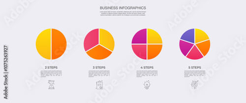 Circle division vector infographics icon set from 2 to 5. Different color circles chart divided 2, 3, 4, 5 equal parts. Business round diagram with same size sectors, fraction. photo