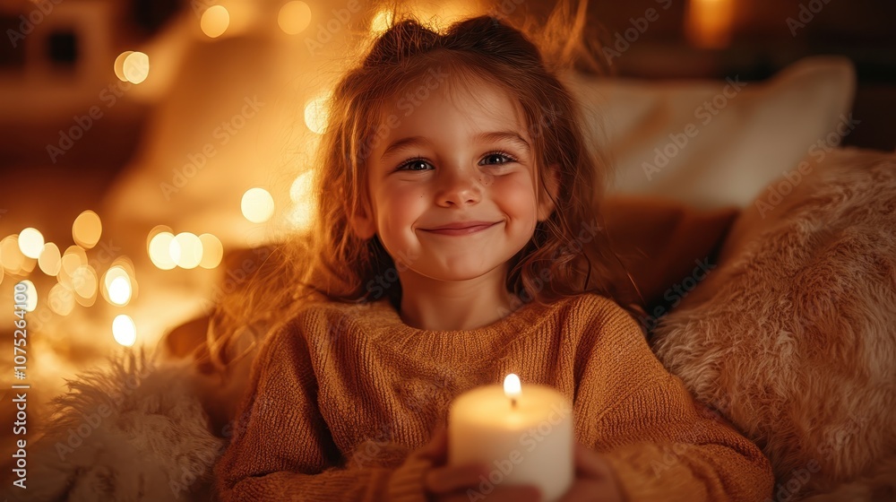 A smiling young girl with a candle in hand sits cozily against a backdrop illuminated by soft, glowing lights, capturing warmth, innocence, and festive cheer. A smiling young girl with a candle in hand sits cozily against a backdrop illuminated by soft, glowing lights, capturing warmth, innocence, and festive cheer.