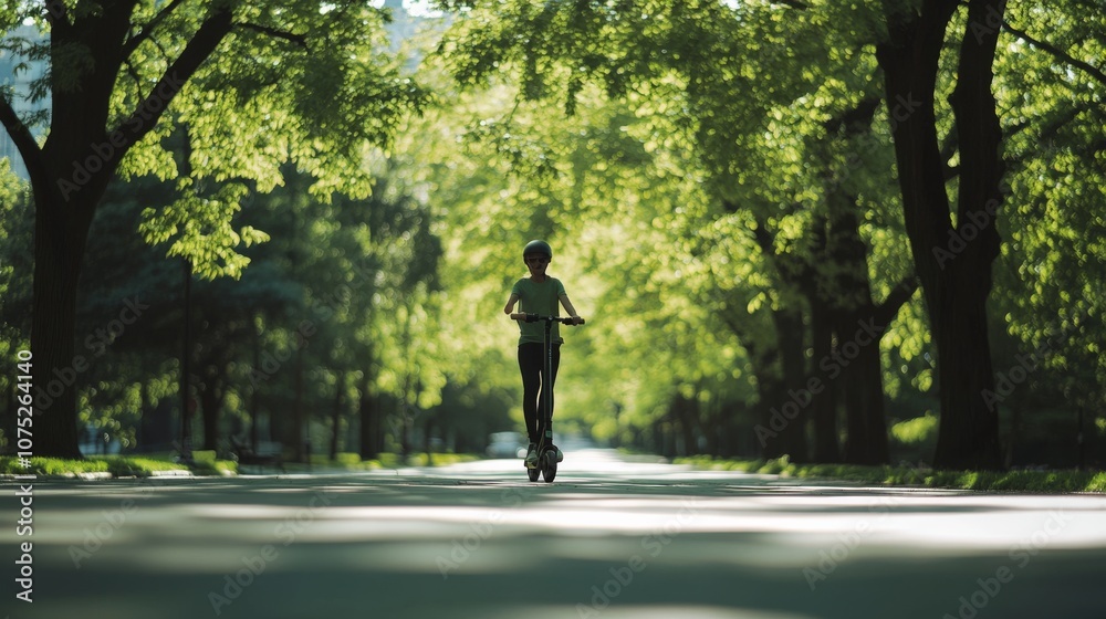 In a sun-dappled alley lined with lush trees, a solitary figure rides an electric scooter, embracing freedom and nature's serenity. In a sun-dappled alley lined with lush trees, a solitary figure rides an electric scooter, embracing freedom and nature's serenity.