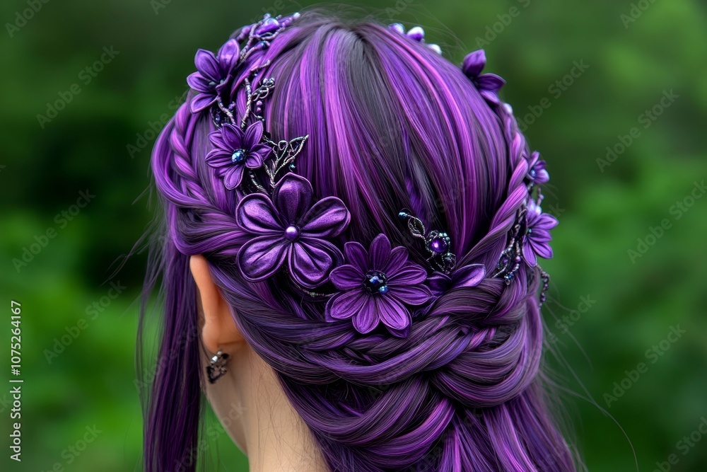 Naklejka premium A fantasy-inspired braid with mystical flowers and vines woven through, creating an enchanted look