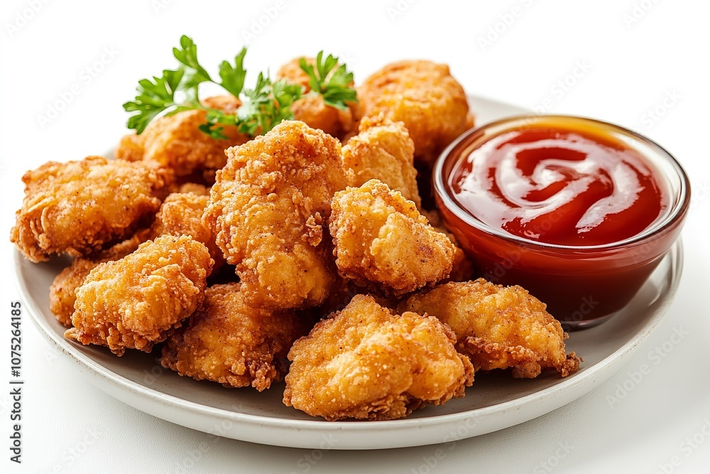 Ketchup-sauced fried chicken finger nuggets on a white backdrop. Generative Ai Ketchup-sauced fried chicken finger nuggets on a white backdrop. Generative Ai