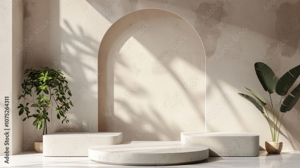 Minimalist Product Display: A serene and elegant backdrop for showcasing your products. Three white podiums stand against a backdrop of a muted beige wall with an arched opening, a potted plant. Minimalist Product Display: A serene and elegant backdrop for showcasing your products. Three white podiums stand against a backdrop of a muted beige wall with an arched opening, a potted plant.