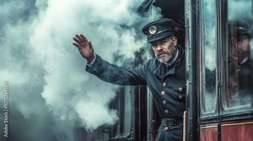 A conductor waves from the window of a steam train enveloped in billowing smoke, evoking nostalgia and adventure. photo