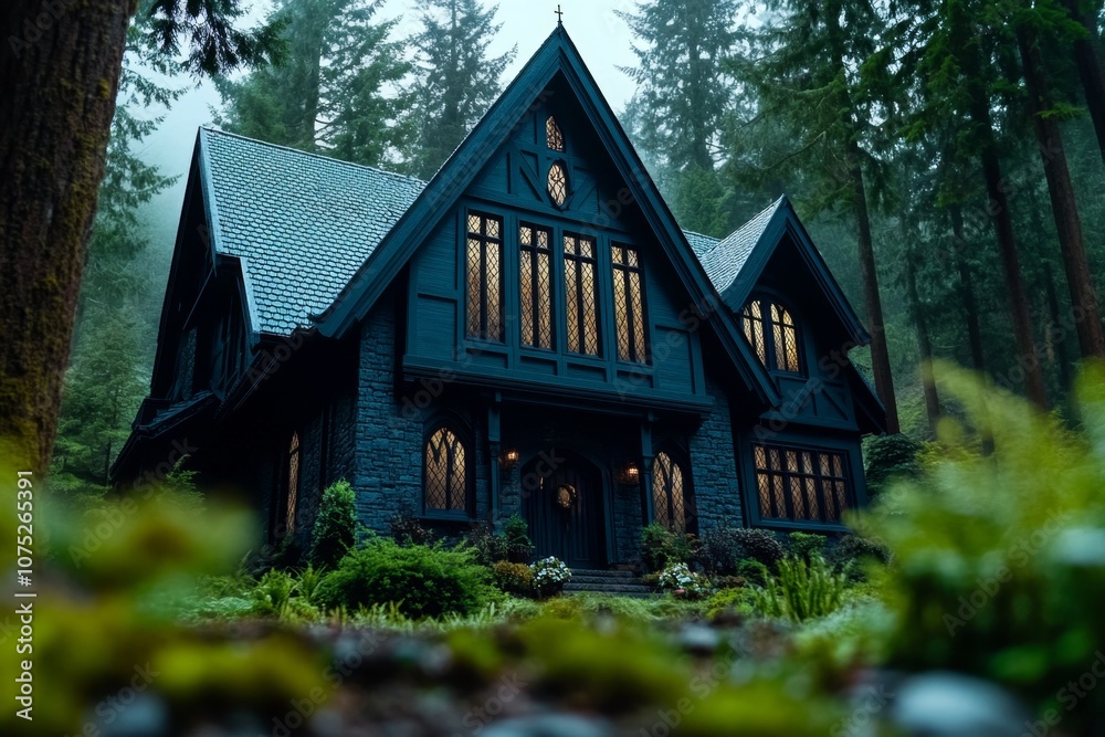 A haunting gothic house with tall windows, dark wood, and a shadowed, eerie garden A haunting gothic house with tall windows, dark wood, and a shadowed, eerie garden
