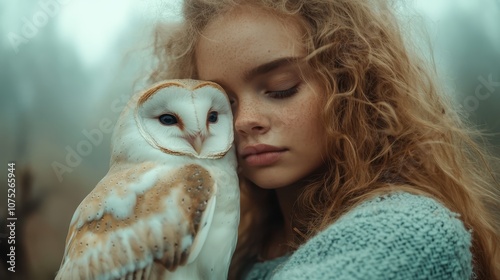 A young girl with ginger hair holds a barn owl close, embodying innocence and affection, in a soft, dreamlike setting that captures their unique bond. photo