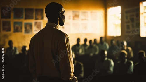 A man faces an attentive audience in a warmly lit room, exuding confidence as he shares his message, fostering a moment of connection and learning.