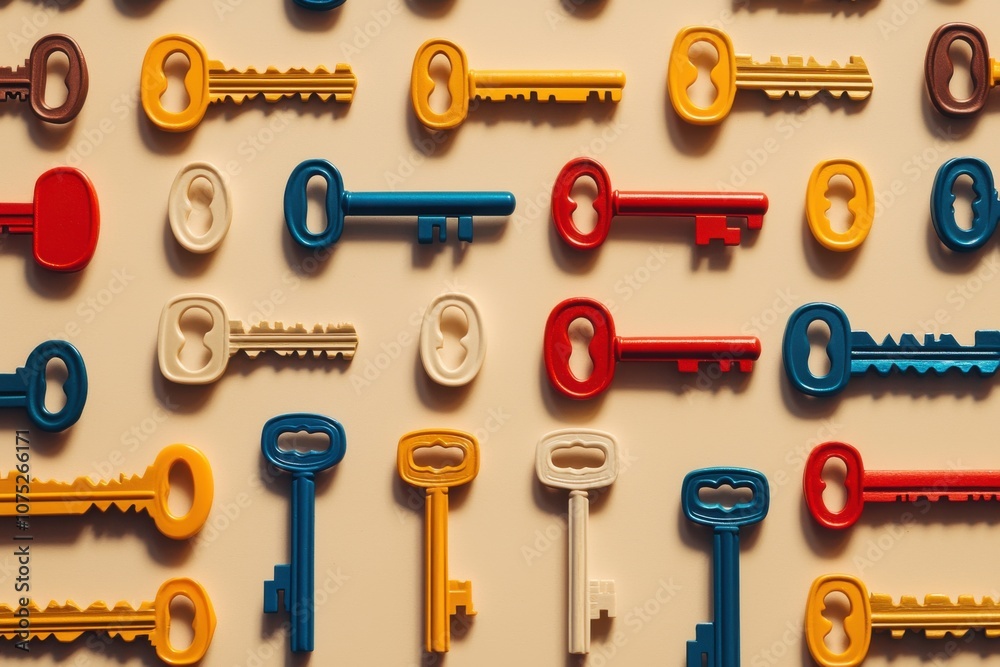 Obraz premium A colorful arrangement of various keys on a neutral background, showcasing their designs.