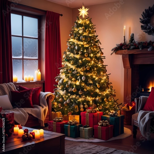 A cozy living room decorated for Christmas, with a beautifully lit Christmas tree adorned with golden ornaments and fairy lights, gifts wrapped in red and green under the tree,Captured with a Fujifilm