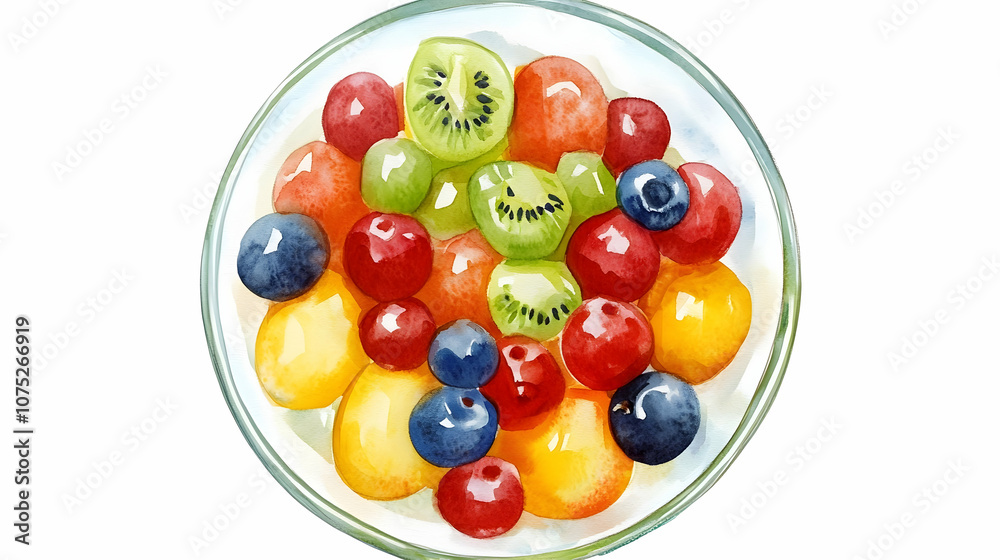 A charming watercolor illustration of a bowl overflowing with various fruits, seen from above, set on a simple white background A charming watercolor illustration of a bowl overflowing with various fruits, seen from above, set on a simple white background