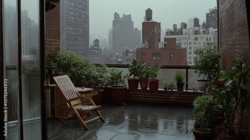 Fototapeta premium A cozy balcony overlooking a rainy cityscape, adorned with potted plants, inviting wooden chairs, and a wet, reflective floor that mirrors the anticipation of a storm.