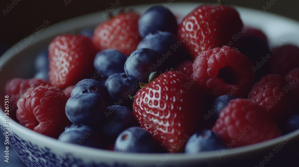 A bowl of fresh berries, with vibrant strawberries, raspberries, and blueberries, offers a delectable mix of colors and healthy natural sweetness. A bowl of fresh berries, with vibrant strawberries, raspberries, and blueberries, offers a delectable mix of colors and healthy natural sweetness.