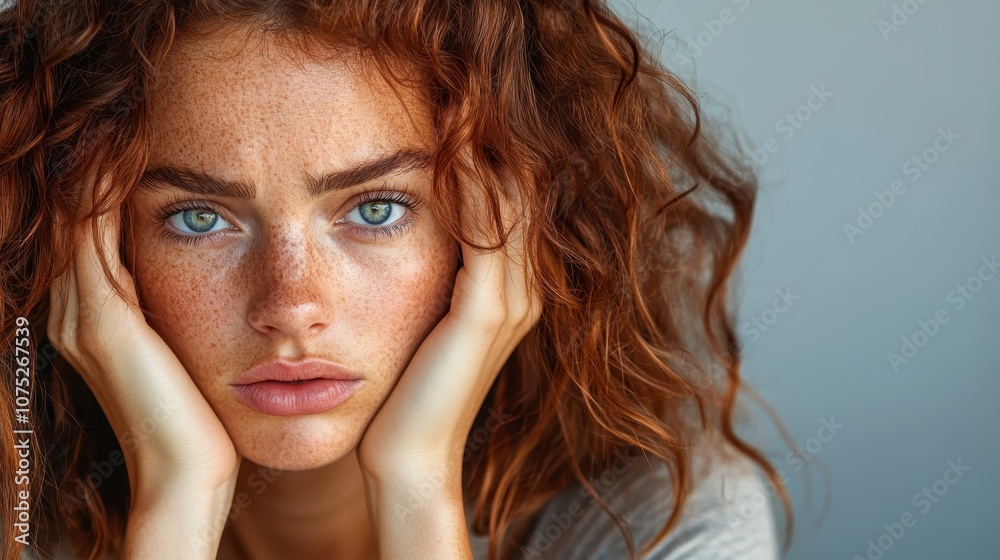 A woman with freckles and curly hair rests her face on her hands, appearing thoughtful and pensive, captured in a serene and contemplative moment. A woman with freckles and curly hair rests her face on her hands, appearing thoughtful and pensive, captured in a serene and contemplative moment.