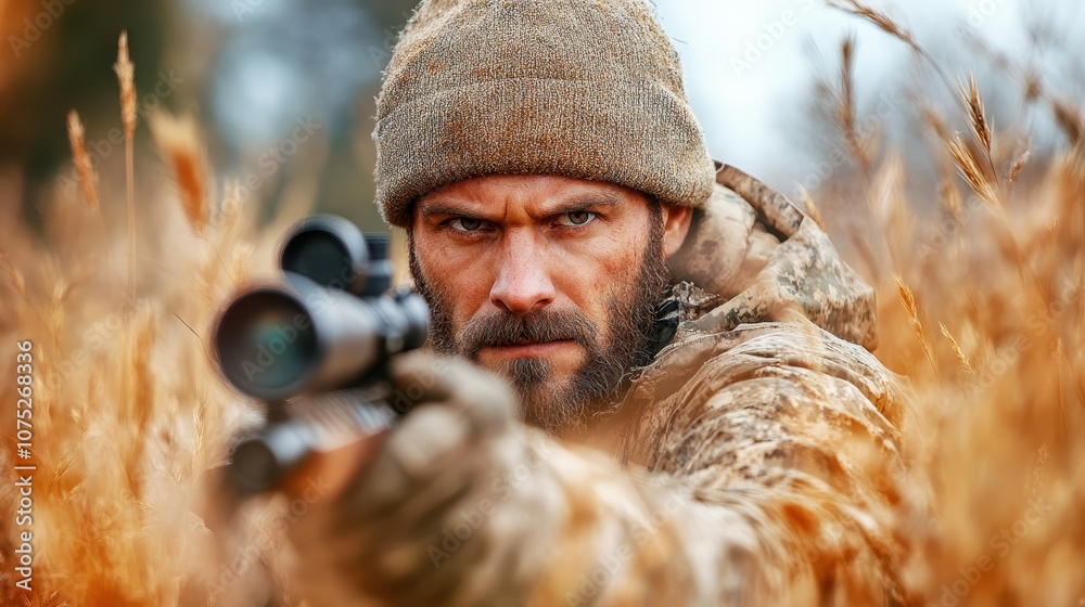 A determined hunter aims a rifle with precise focus through tall grass in a forest; the scene emphasizes patience, skill, and natural blend of man and nature. A determined hunter aims a rifle with precise focus through tall grass in a forest; the scene emphasizes patience, skill, and natural blend of man and nature.