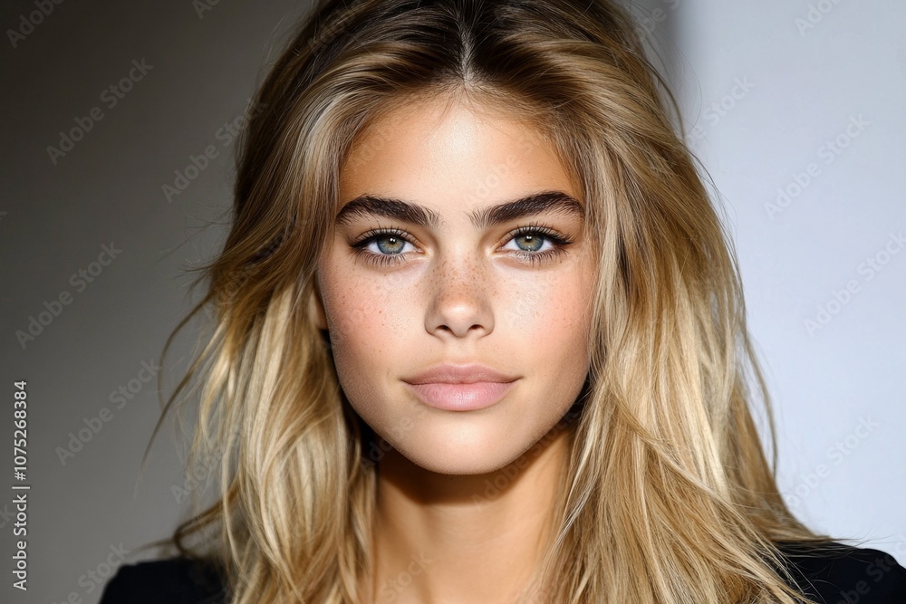 A model with beachy waves, looking natural and radiant in soft lighting A model with beachy waves, looking natural and radiant in soft lighting