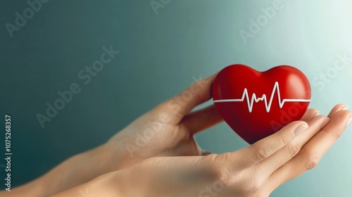  Un corazón rojo con un símbolo de latido sostenido por manos cuidadosas, representando salud y cuidado.
