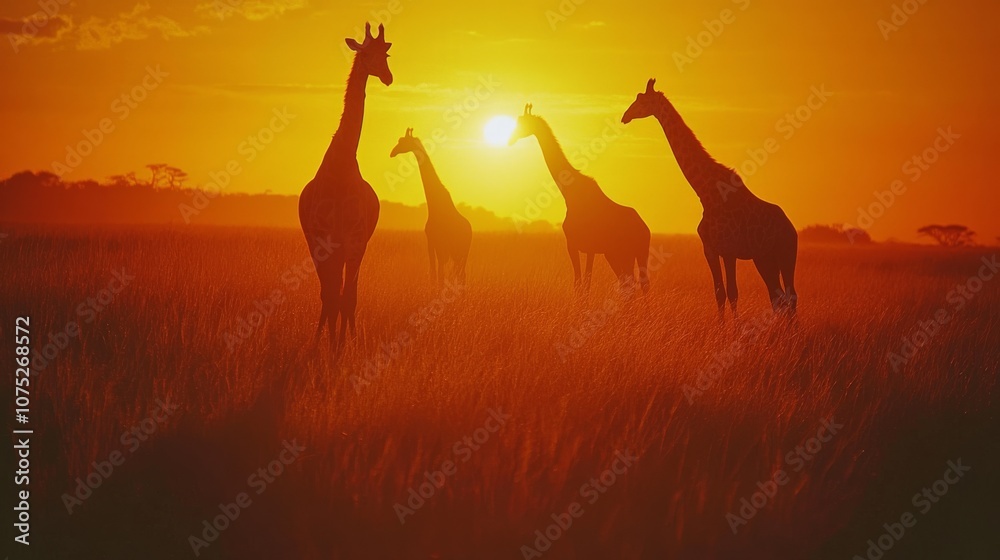Silhouetted giraffes gracefully wander under a golden sunset, embodying the serene beauty of the African savannah. Silhouetted giraffes gracefully wander under a golden sunset, embodying the serene beauty of the African savannah.