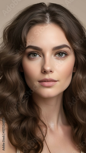 Portrait of a woman with voluminous, wavy brunette hair and a subtle makeup look, placed against a neutral background