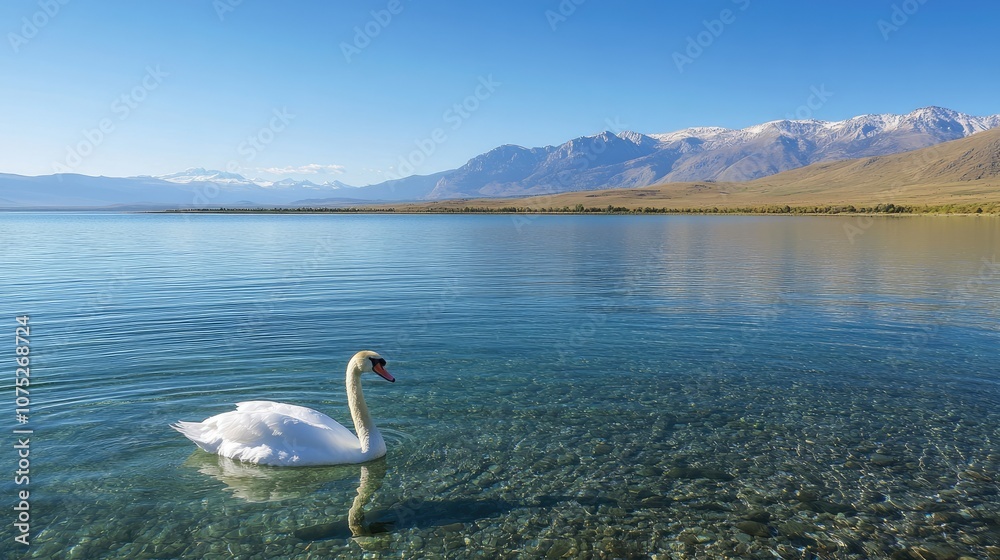 White swan swimming on a crystal-clear lake, with mountains faintly visible in the background.