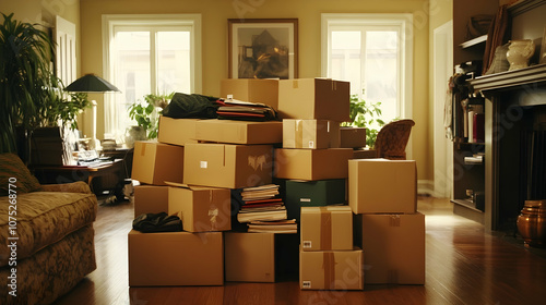 A scene of an empty living room with neatly arranged moving boxes containing kitchenware, books, and clothing