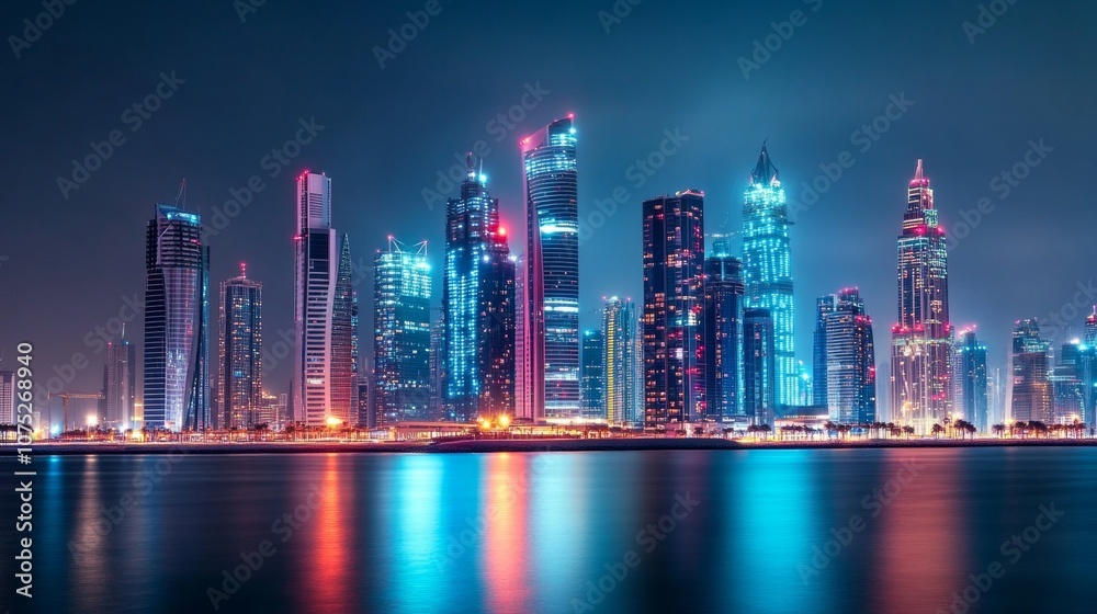 Fototapeta premium A modern city skyline at night, with bright, futuristic skyscrapers. This image is perfect for showcasing cutting-edge technology.