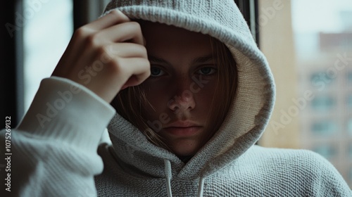 A person partially obscured by a hood gazes directly into the camera, set against a soft-focus urban background. photo