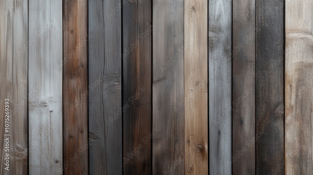 Obraz premium A close-up of weathered wooden planks showcases a variety of textures and hues, offering an earthy, rustic aesthetic.