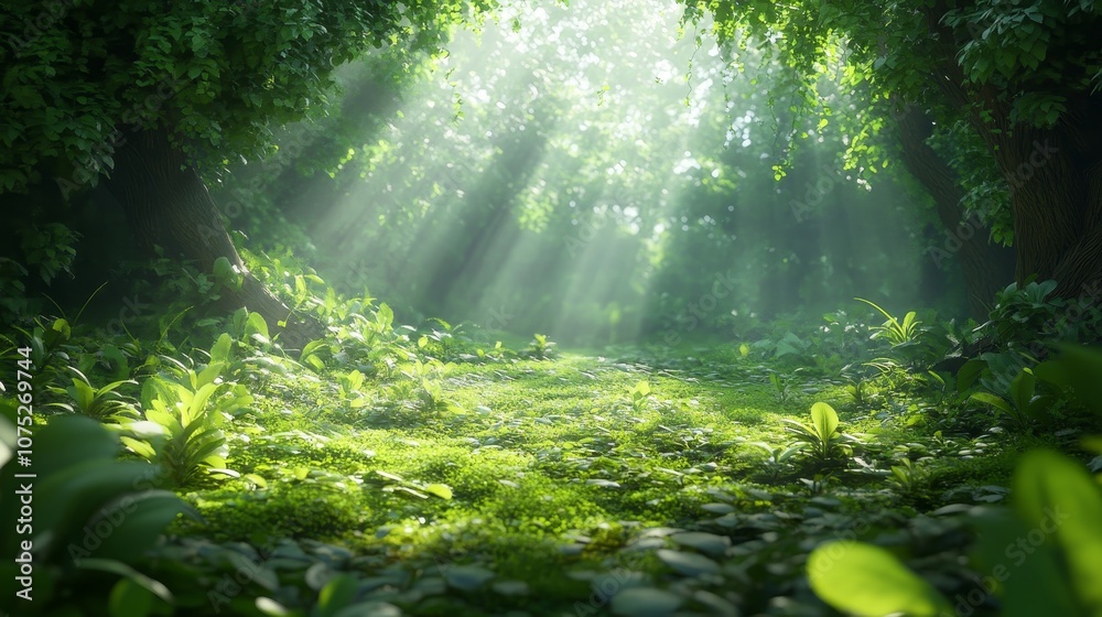 A calm forest bathed in sunlight, with thick green plants growing on the ground. A peaceful scene of woodland. A calm forest bathed in sunlight, with thick green plants growing on the ground. A peaceful scene of woodland.