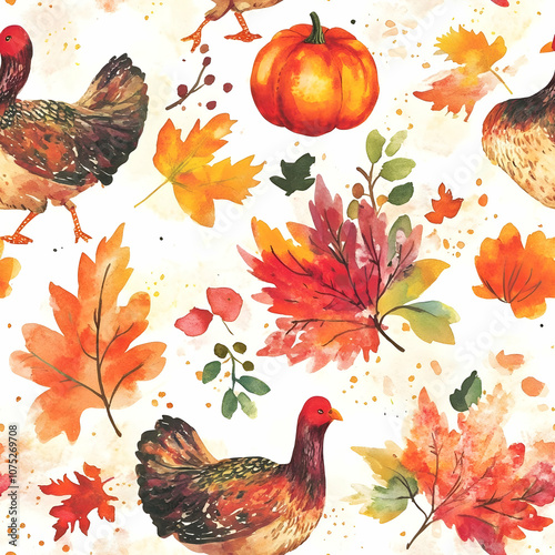 A seamless watercolor texture inspired by Thanksgiving, with autumnal hues of red, orange, and yellow gently blended with abstract shapes of turkeys, pumpkins, and harvest elements