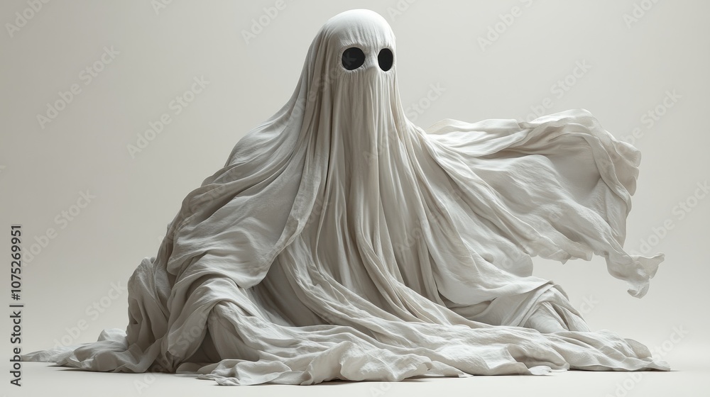 A ghostly figure draped in flowing fabric with dark eyes. A ghostly figure draped in flowing fabric with dark eyes.