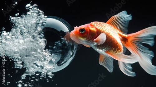 A vibrant image of a goldfish interacting playfully with water bubbles, captured with striking detail and artistic flair, within a captivating underwater environment.