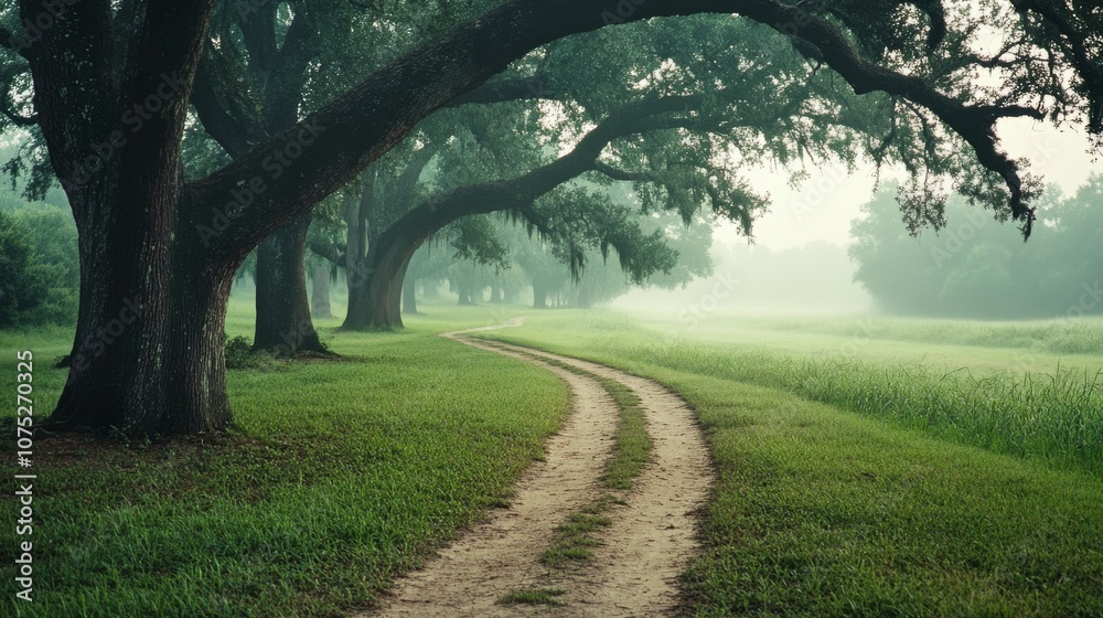 A serene, misty path curves through towering oaks, inviting exploration in this mystical, tree-lined landscape. A serene, misty path curves through towering oaks, inviting exploration in this mystical, tree-lined landscape.