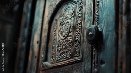 A close-up of an intricately carved wooden door, rich with ornate details and historical charm, evokes a sense of mystery.