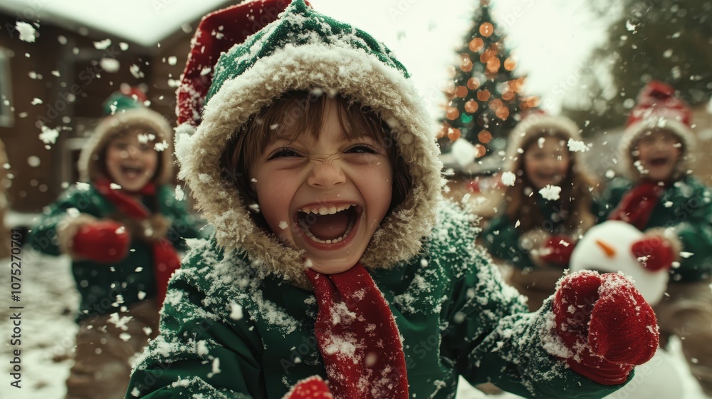 A group of children, dressed in festive winter attire, laugh and play in the snow, surrounded by holiday decorations and the warmth of seasonal joy. A group of children, dressed in festive winter attire, laugh and play in the snow, surrounded by holiday decorations and the warmth of seasonal joy.
