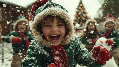 A group of children, dressed in festive winter attire, laugh and play in the snow, surrounded by holiday decorations and the warmth of seasonal joy.