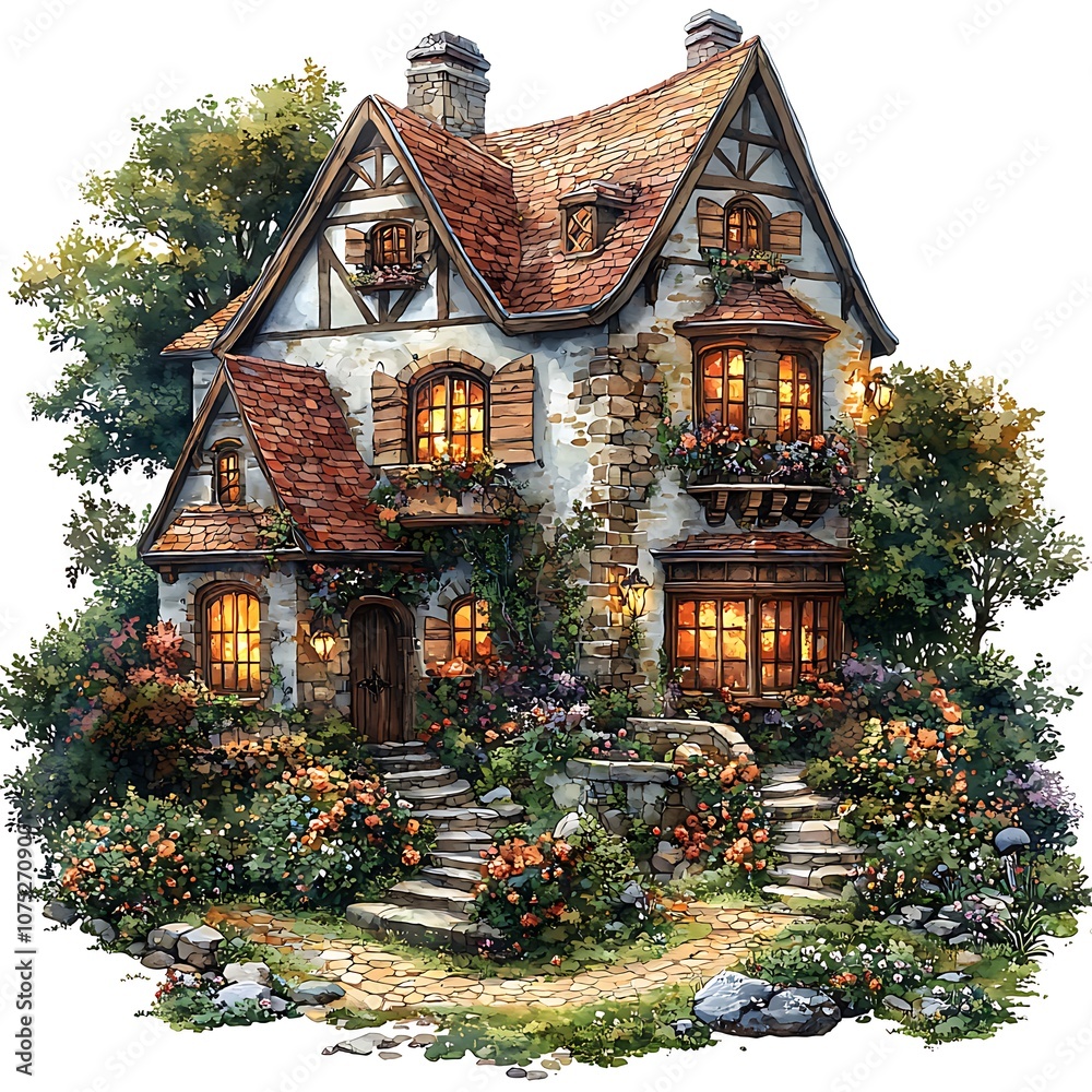 Naklejka premium Charming Stone Cottage with a Cozy Garden.