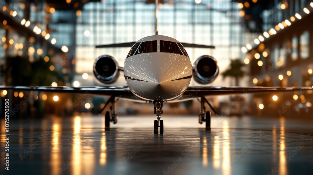 A luxurious private jet stands majestically in a hangar, bathed in the brilliant and serene light of an early morning sunrise, reflecting elegance and opulence. A luxurious private jet stands majestically in a hangar, bathed in the brilliant and serene light of an early morning sunrise, reflecting elegance and opulence.
